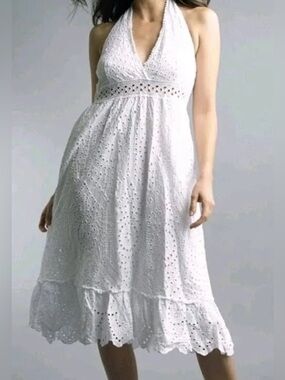 Tempo Paris | Women’s White Eyelet Lace Sleeveless Vneck Tiered Midi Dress Sz S
